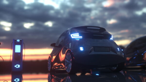 Charge station for electric cars. Electric cars at charging station. 3d rendering